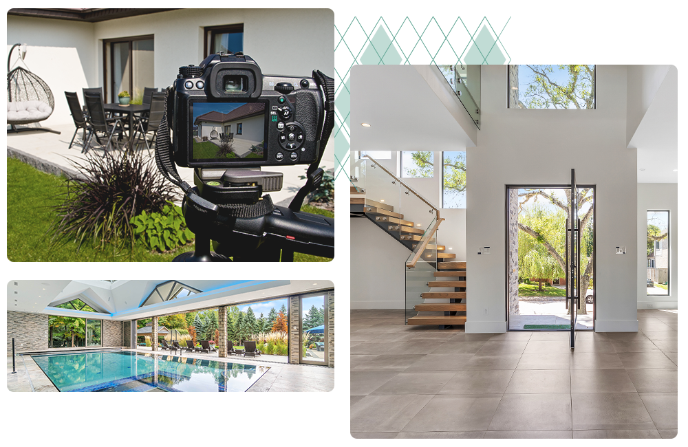 Camera capturing modern home interiors and pool area for real estate photography.