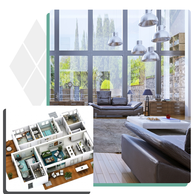 Modern living room with large windows and city view.