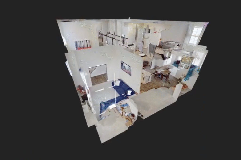 3D interior view of a modern apartment with living and dining areas.