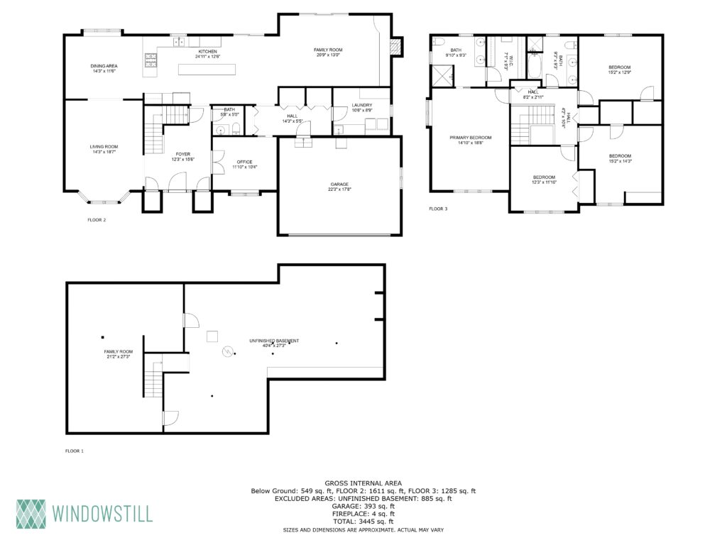 Detailed floor plan of a multi-level house.