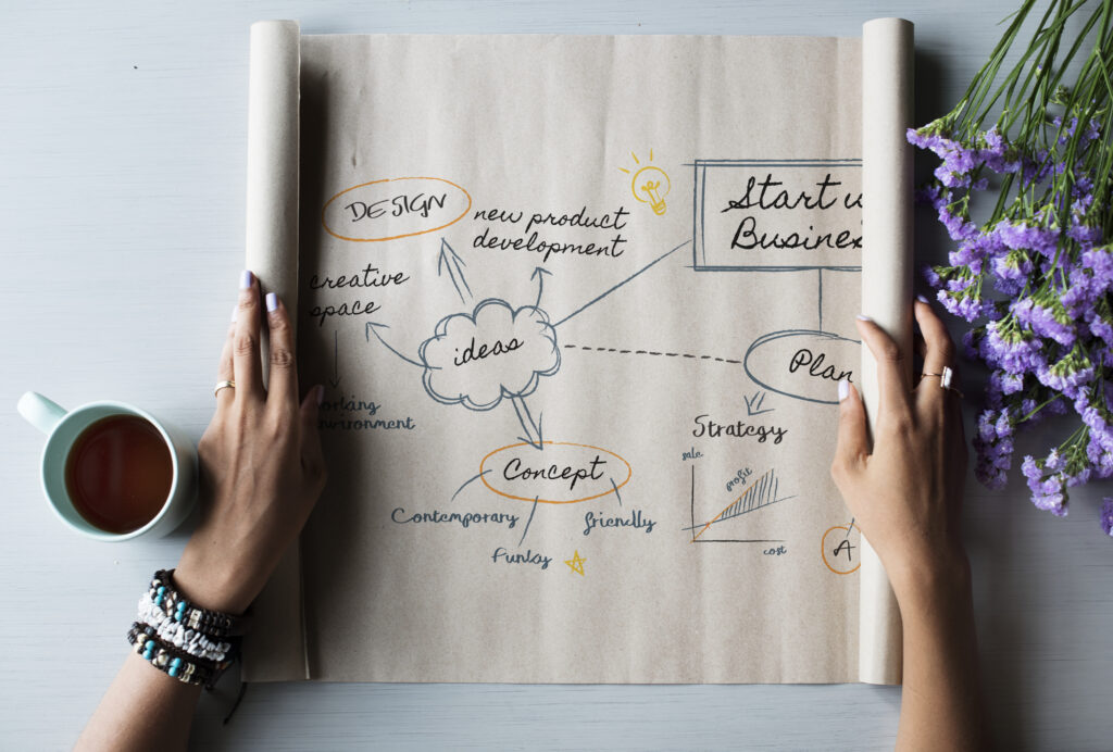 Hands holding a paper with a business plan diagram and notes.