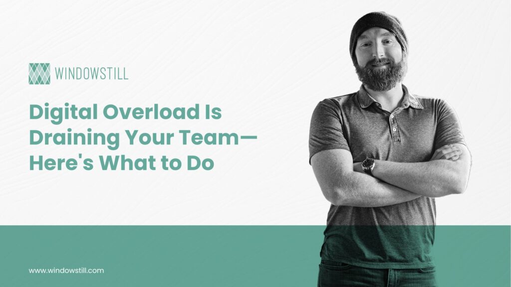 Businessman with arms crossed, text on workload and team management.